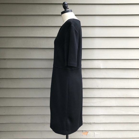 ST. JOHN Caviar Milano Knit Front Slit Split Neck Midi Length Black Sheath Dress - Picture 7 of 16